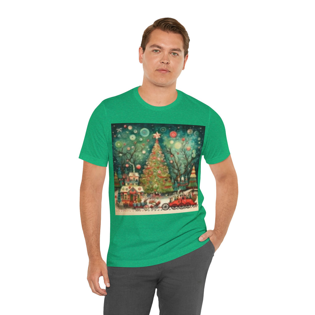 Christmas Tree Vintage Scene Tee — Holiday Village Carriage Design