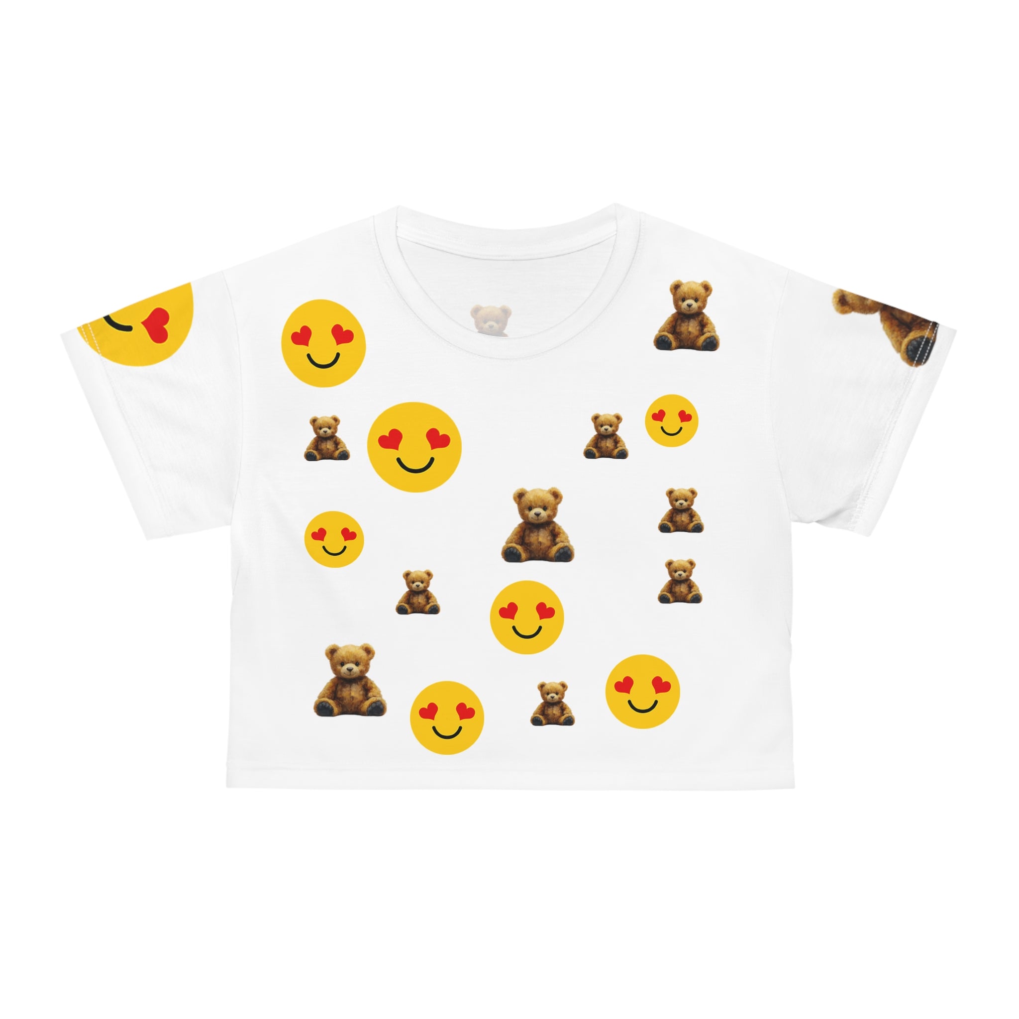 Teddy Bear & Heart Eyes Emoji Crop Tee — Cute Playful Graphic Top