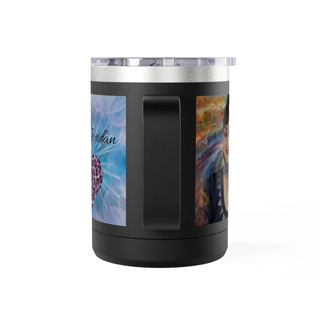 Mary Jordan Custom 15oz Travel Mug Tumbler — Personalized 'Enter text' Blue Floral Design & Heart