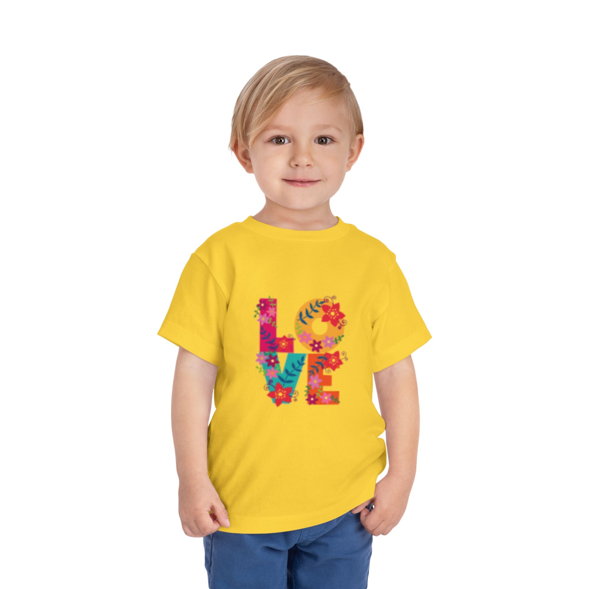 LOVE Floral Toddler T-shirt — Colorful Heart Handprint Kids Shirt