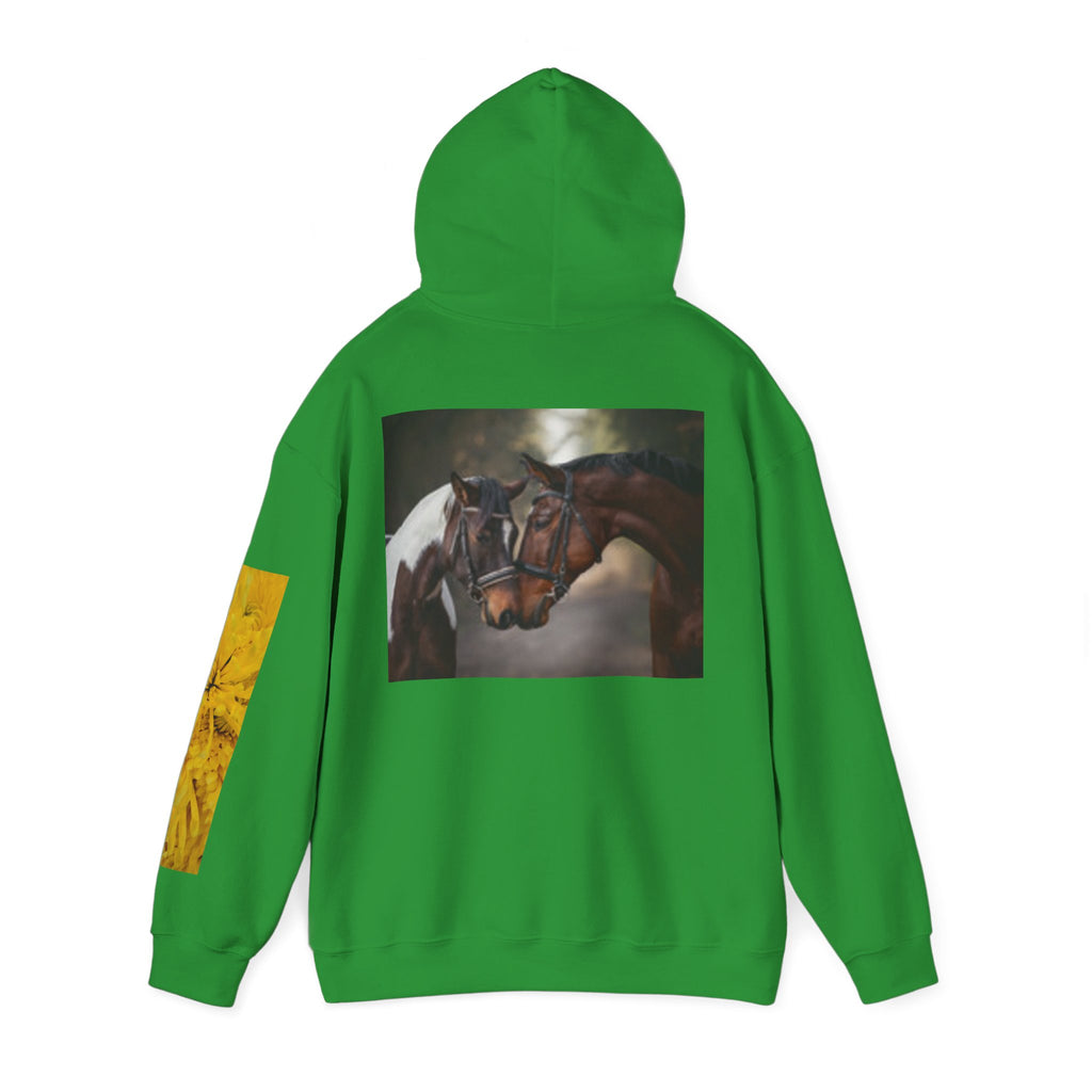 Sunrise Meadow & Horse Graphic Hoodie — Scenic Sunset Landscape and Saddled Horse Print