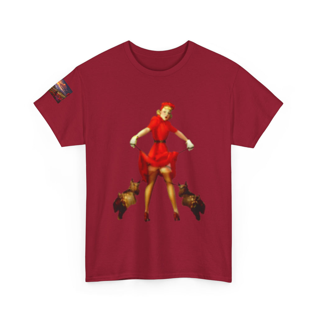 Pin-Up Girl Tee with French Bulldogs — Retro 1950s Rockabilly Fashion T-Shirt