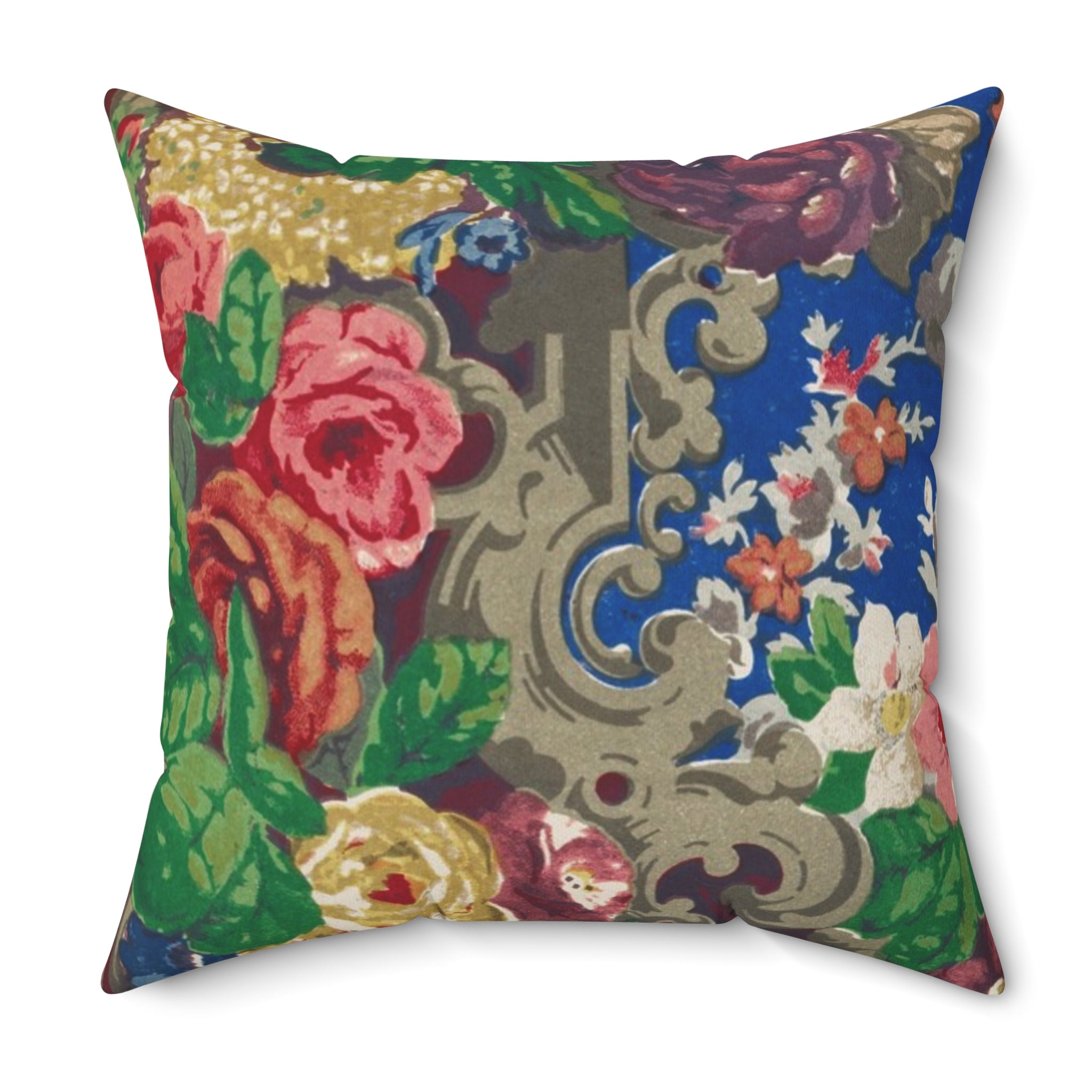 Vintage Floral Throw Pillow — Blue Rose Decorative Cushion