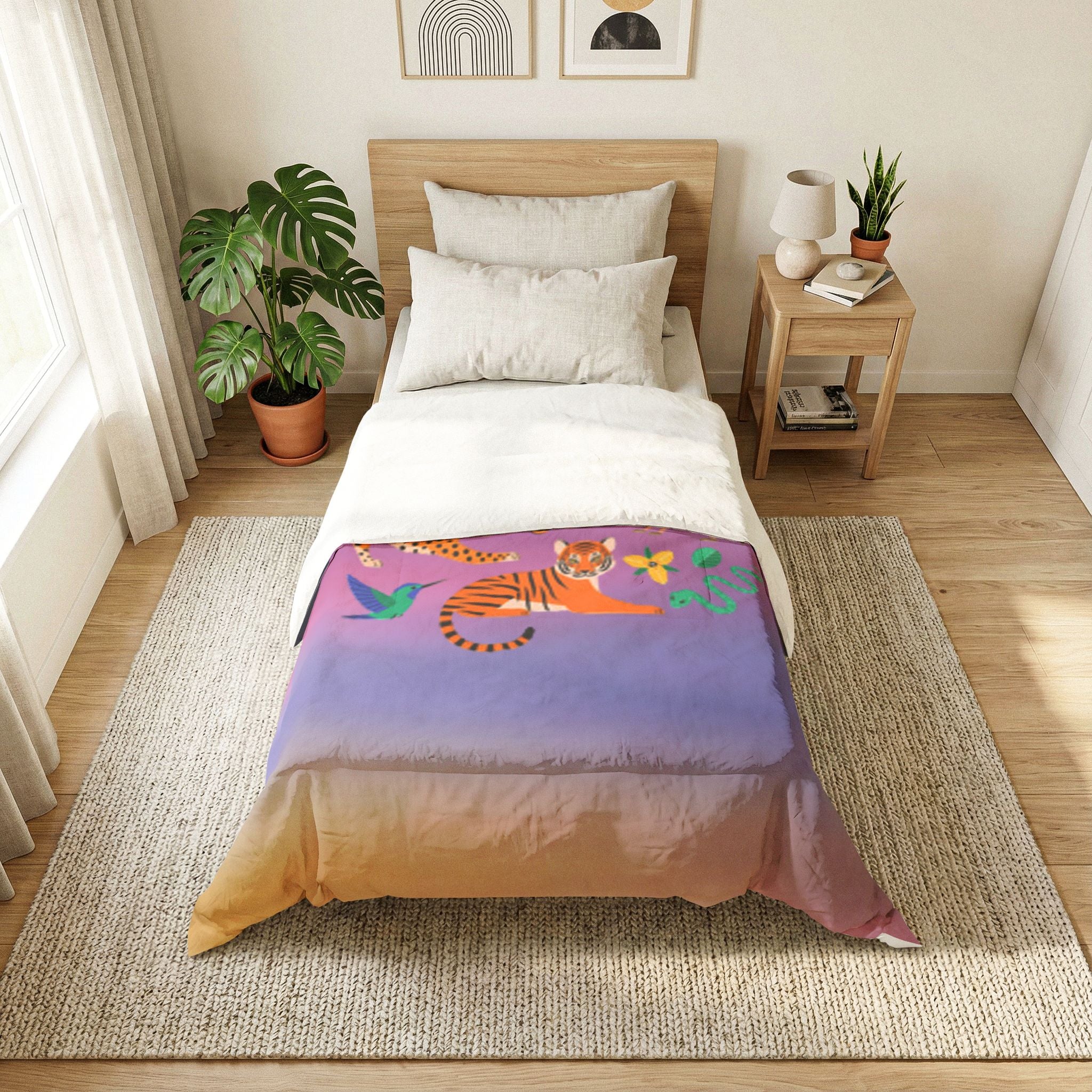 Jungle Animals Cotton Comforter – Colorful Tiger, Toucan & Parrot Print