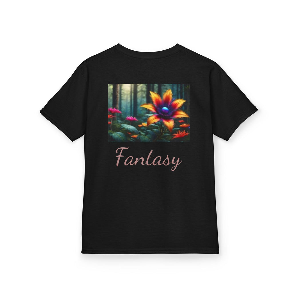 Kids Penguin & Fantasy Flower Fantasy T-shirt— Playful Animal & Colorful Floral Kids Shirt