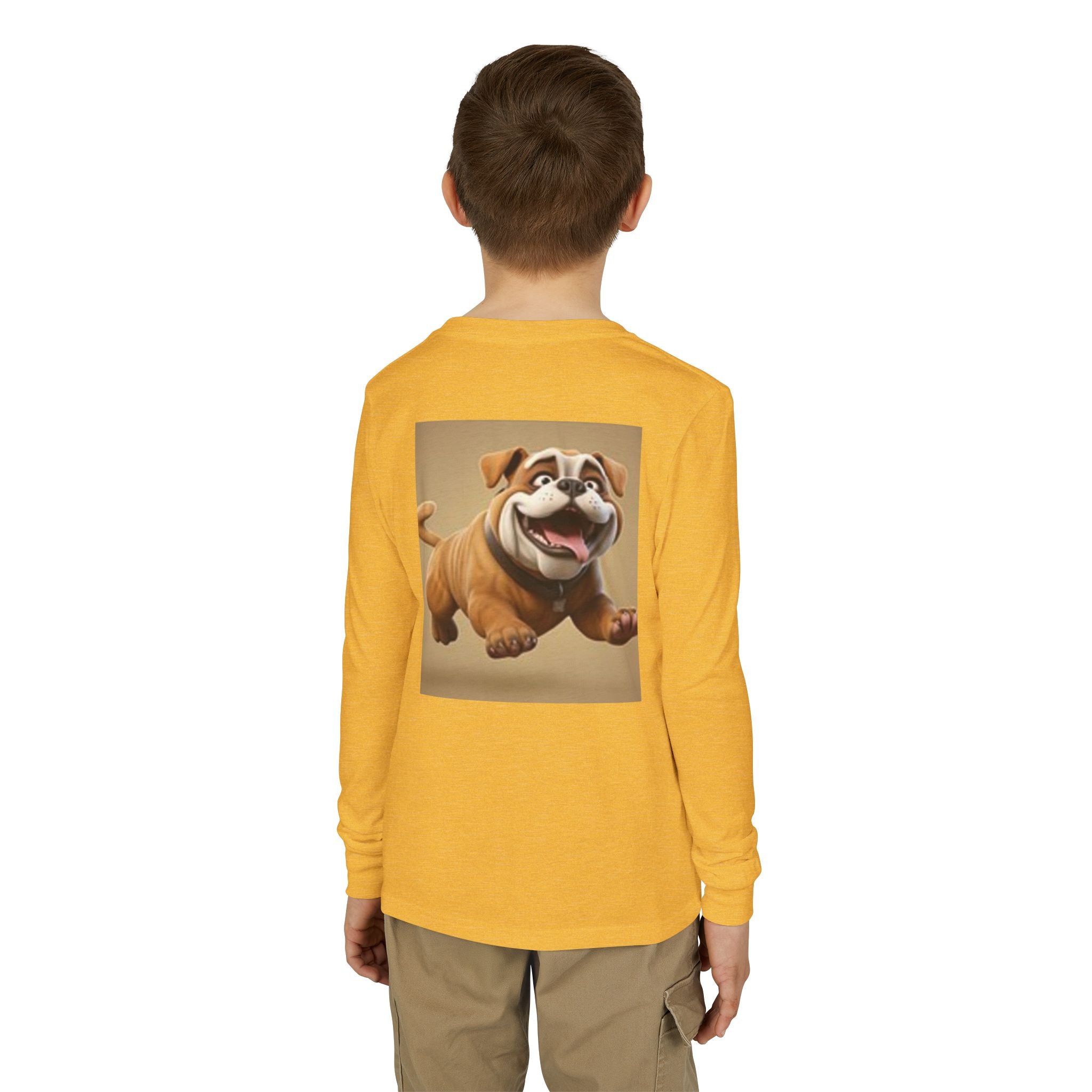 Youth Long Sleeve Tee — Playful Space Planets & Happy Bulldog Graphic