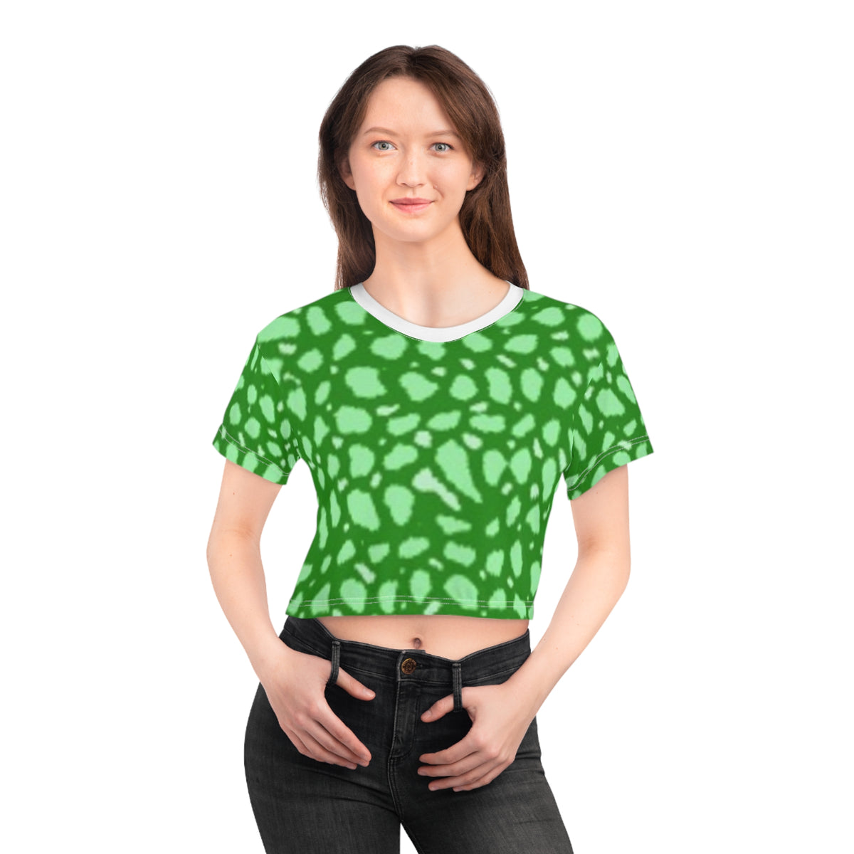Green Abstract Spot Crop Tee — All-Over Print Vibrant Pattern