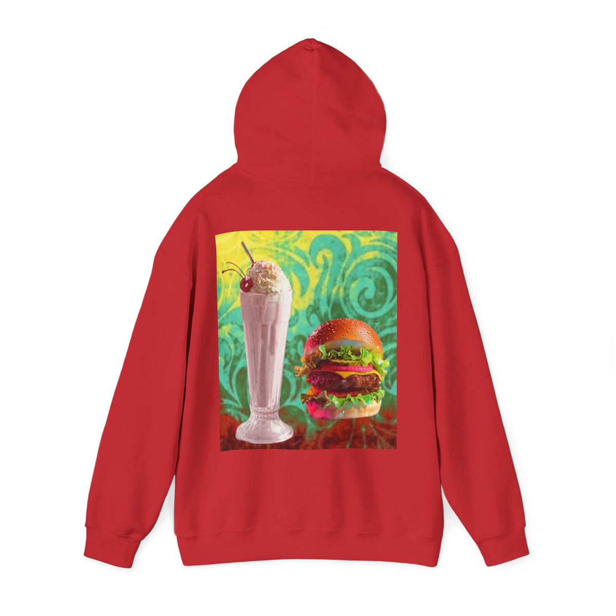 Burger & Strawberry Milkshake Hoodie — Retro Diner Food Graphic Hoodie