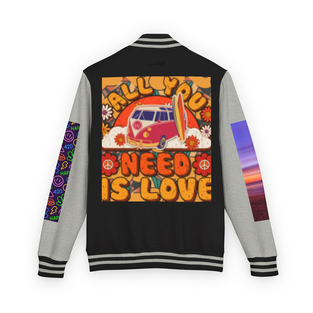 Letterman Jacket — Retro 'All You Need Is Love' Hippie Van & Cannabis Leaf Design
