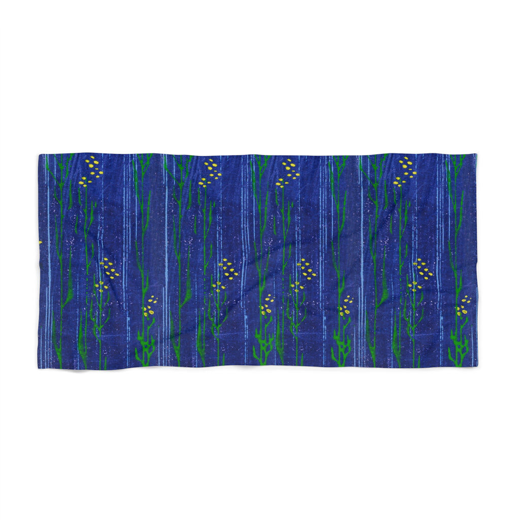 Nautical Blue Seaweed Beach Towel — Coastal Floral Striped Towel