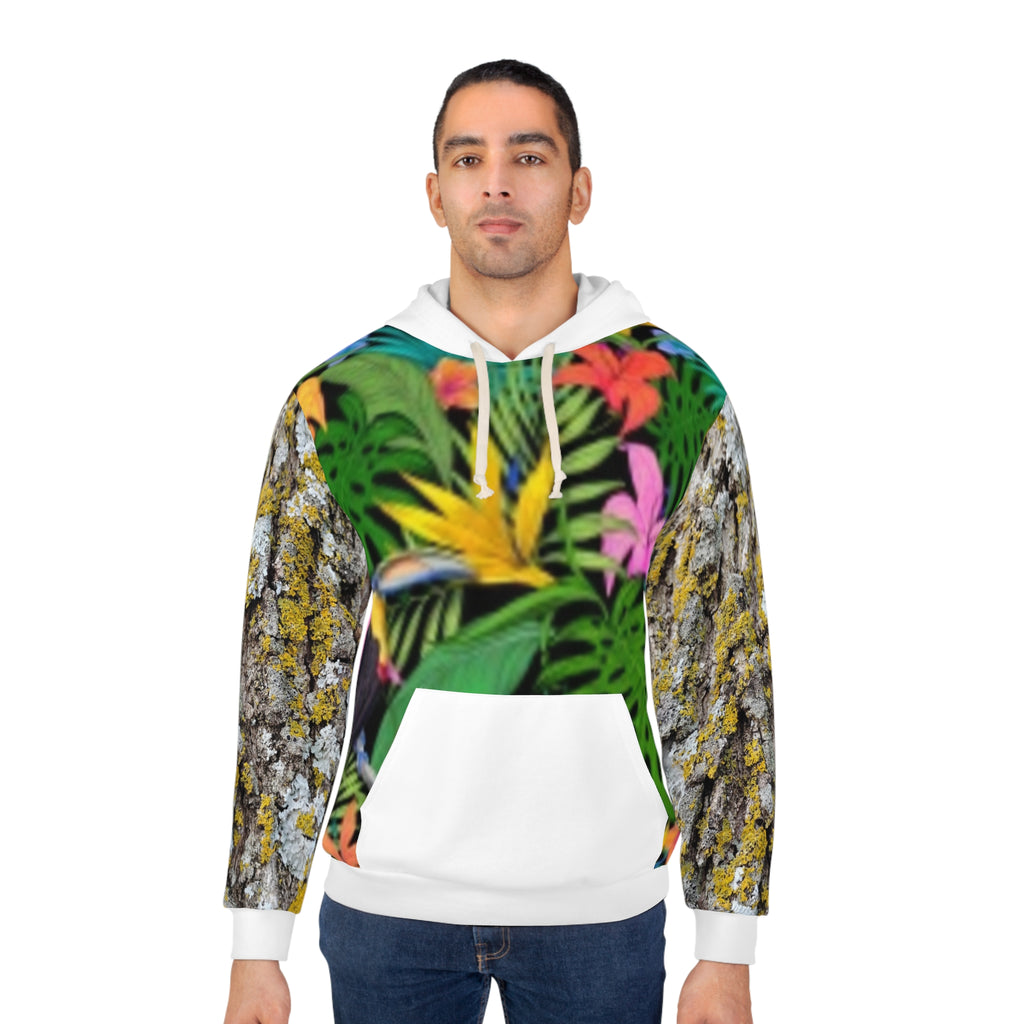 Tropical Floral & Moss Bark Hoodie — Vibrant Jungle Print Pullover