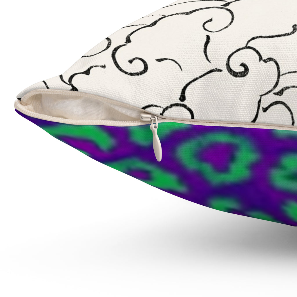 Decorative Square Pillow — Floral Outline & Vibrant Leopard Purple Green Patterns