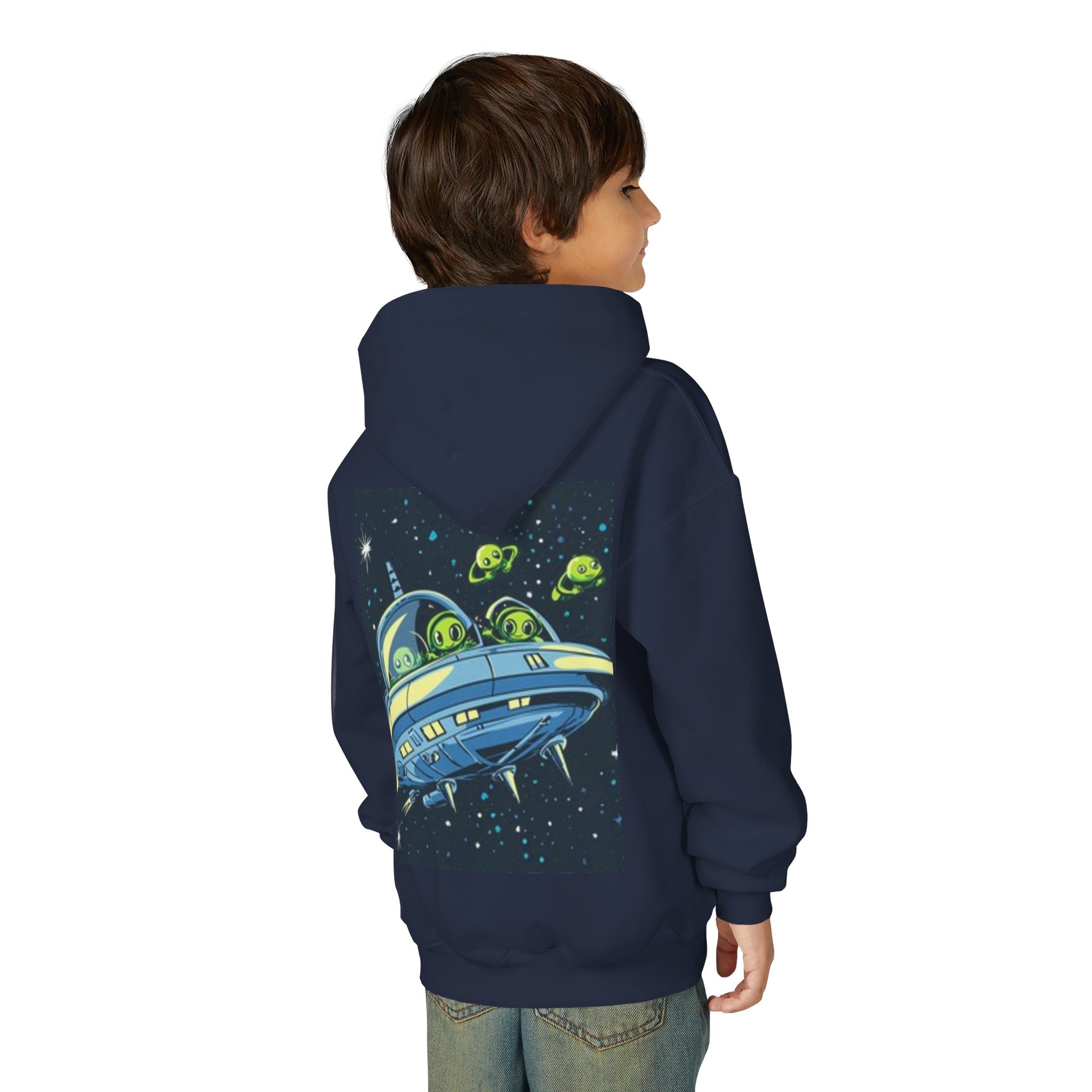 Kids Alien Spaceship Hoodie — Cute Neon UFO Crew Youth Hoodie