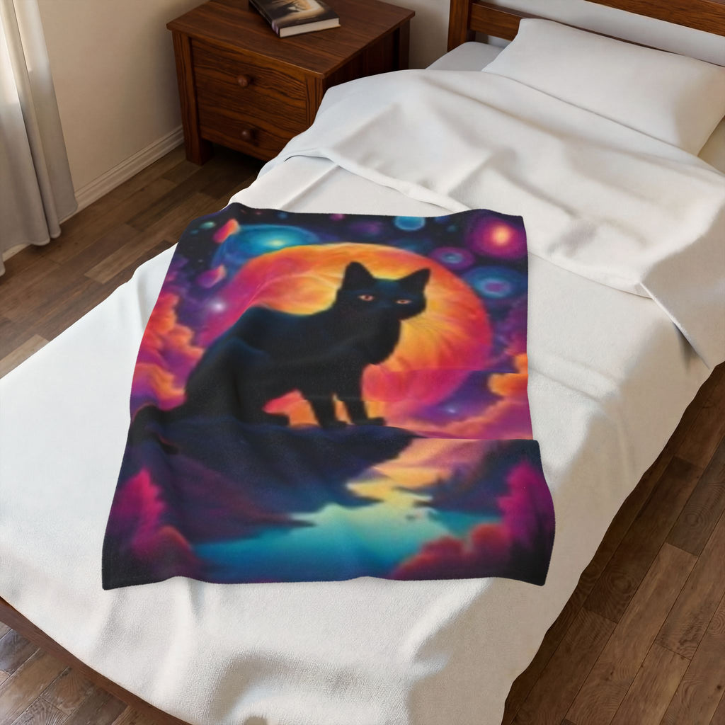 Mystic Black Cat Velveteen Plush Blanket — Cosmic Moonlight Throw