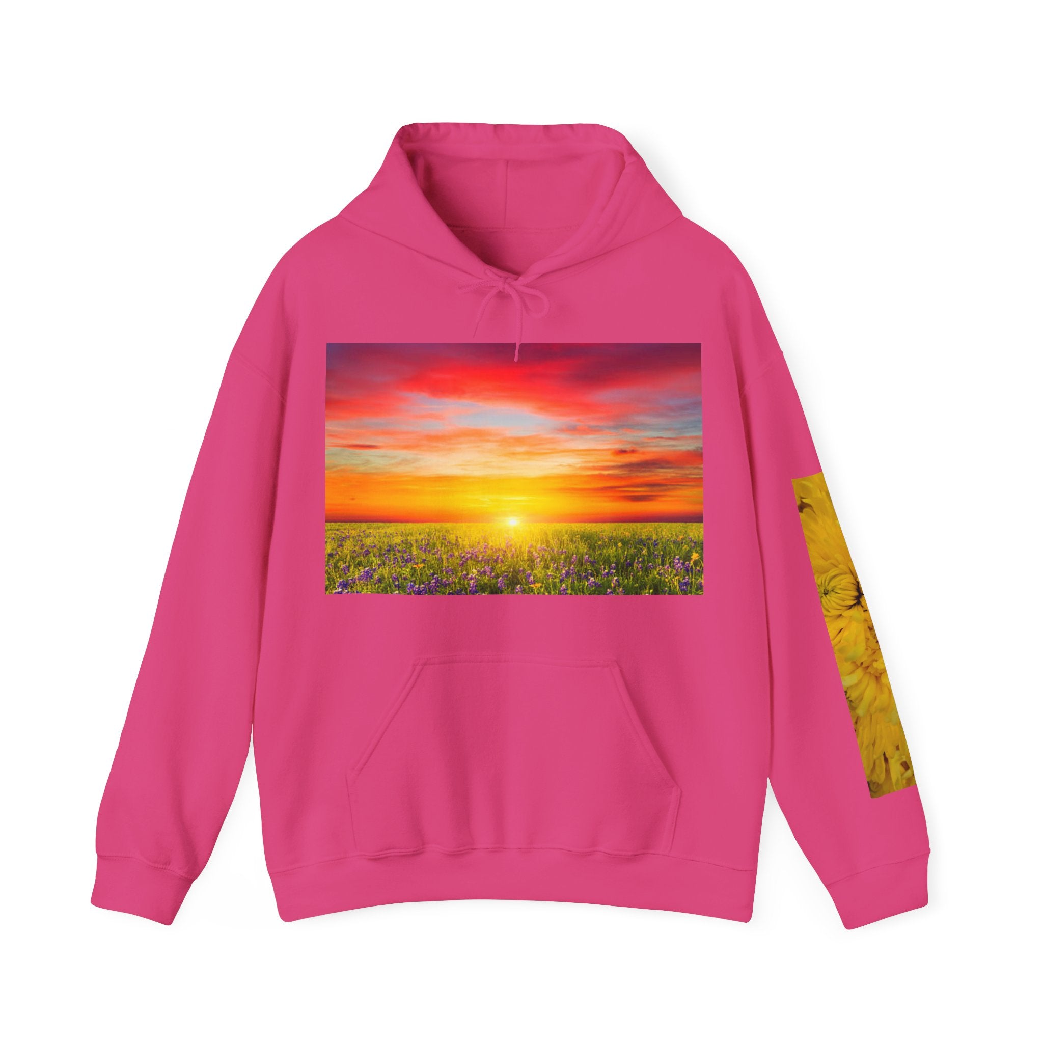 Sunrise Meadow & Horse Graphic Hoodie — Scenic Sunset Landscape and Saddled Horse Print