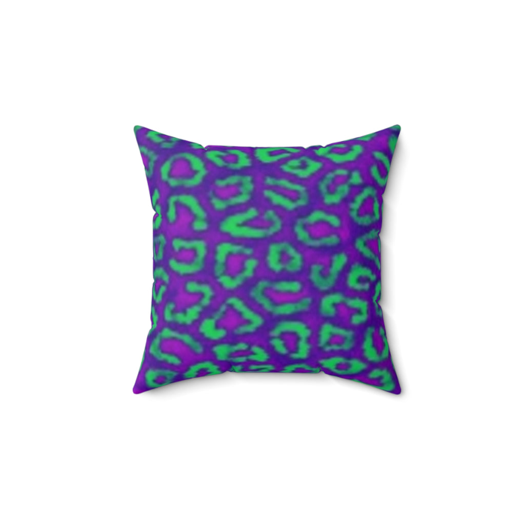 Decorative Square Pillow — Floral Outline & Vibrant Leopard Purple Green Patterns