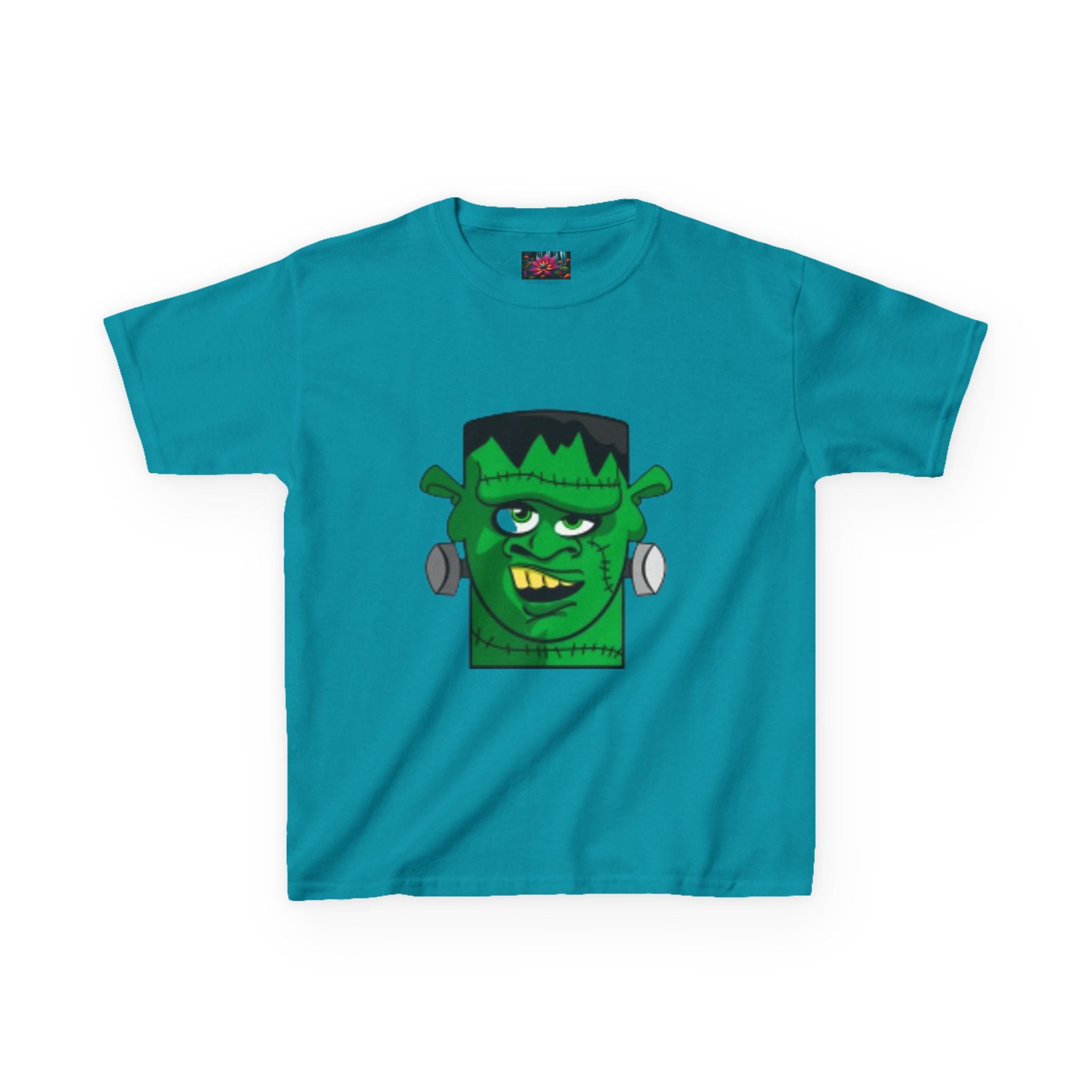Kids T-shirt— Cute Frankenstein Face Front & Enchanted Forest Back