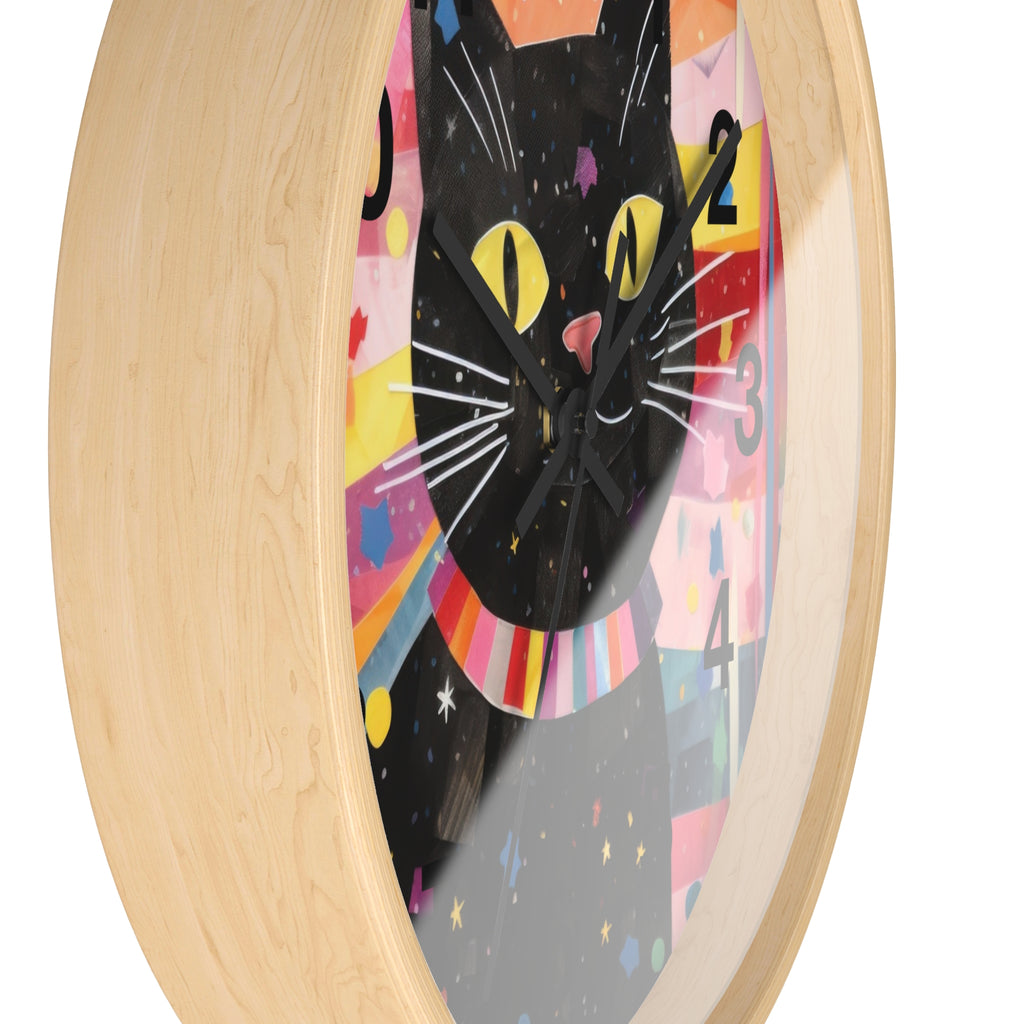Black Cat Wall Clock — Colorful Retro Cat Clock with Yellow Eyes