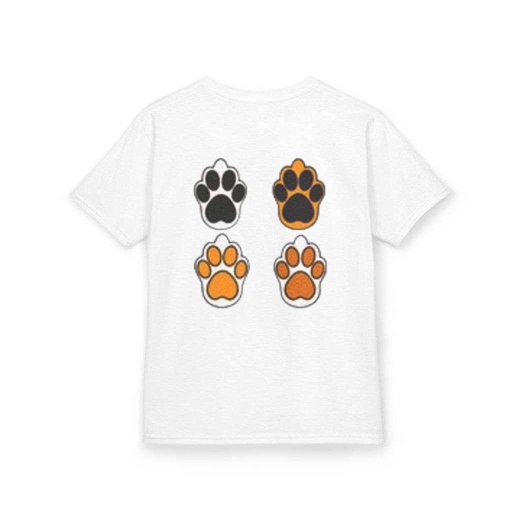 Kids Cat Paw T-Shirt — Cute Kitten Row Front & Paw Prints Back