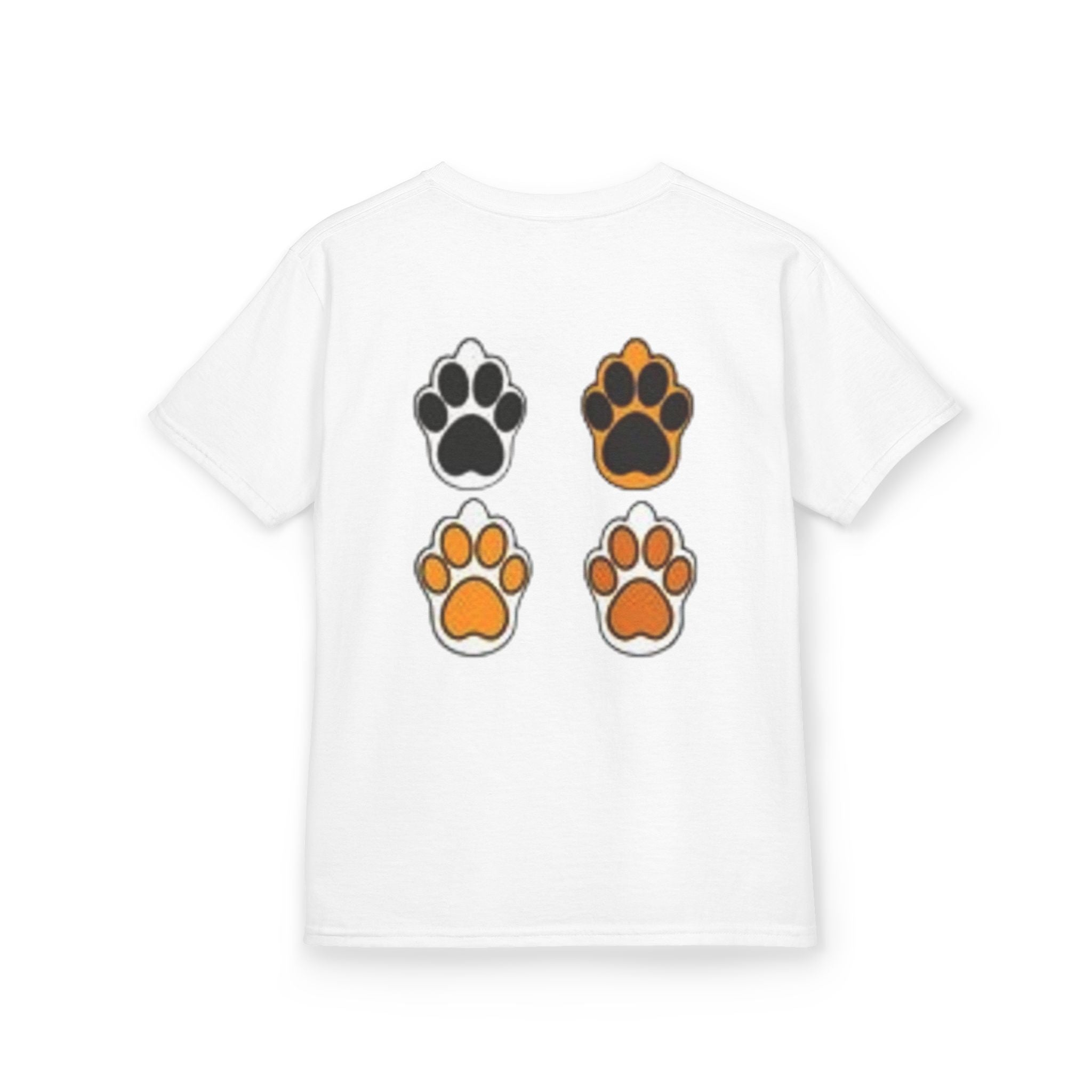 Kids Cat Paw T-Shirt — Cute Kitten Row Front & Paw Prints Back