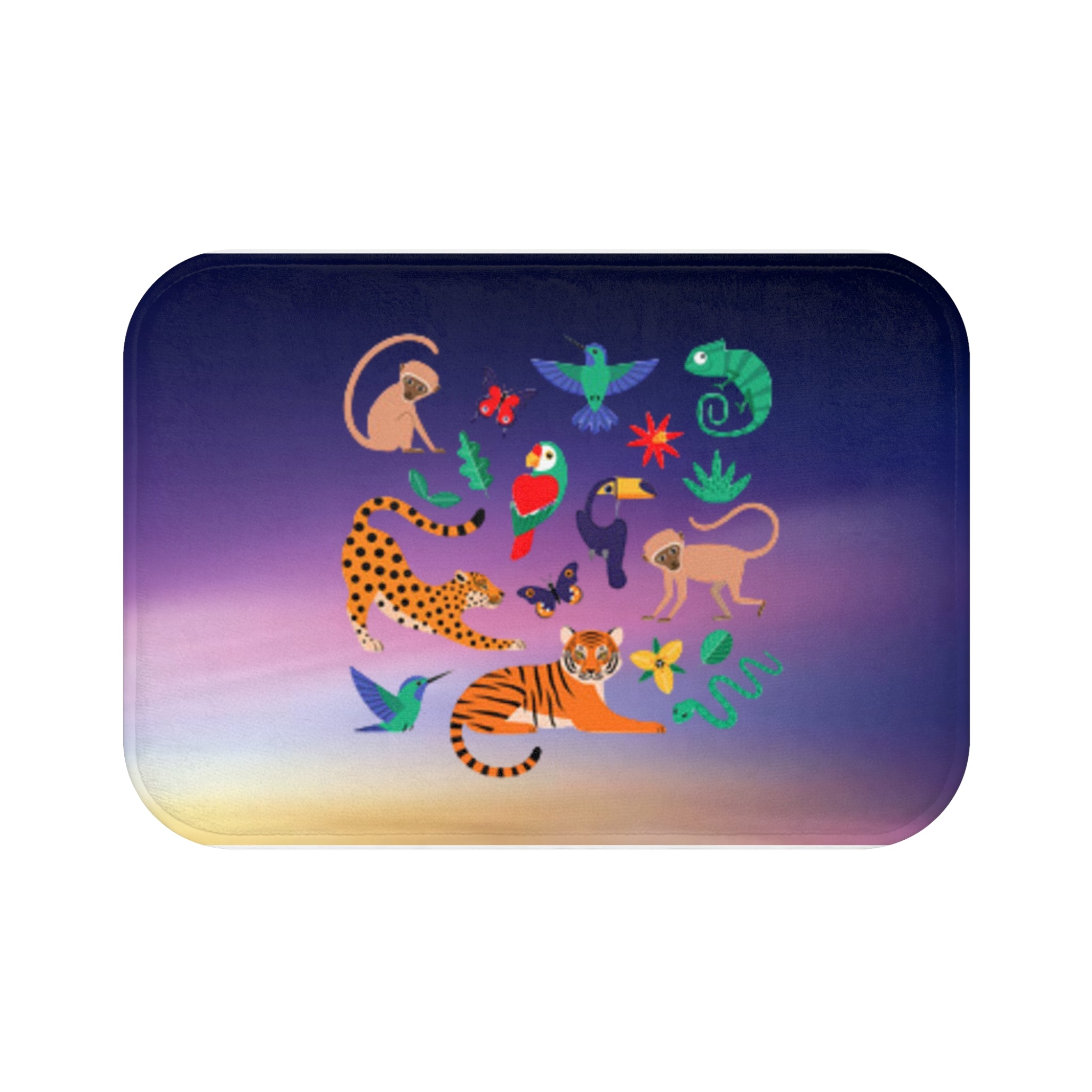 Jungle Animals Gradient Bath Mat – Colorful Tiger, Parrot & Wildlife Bathroom Rug