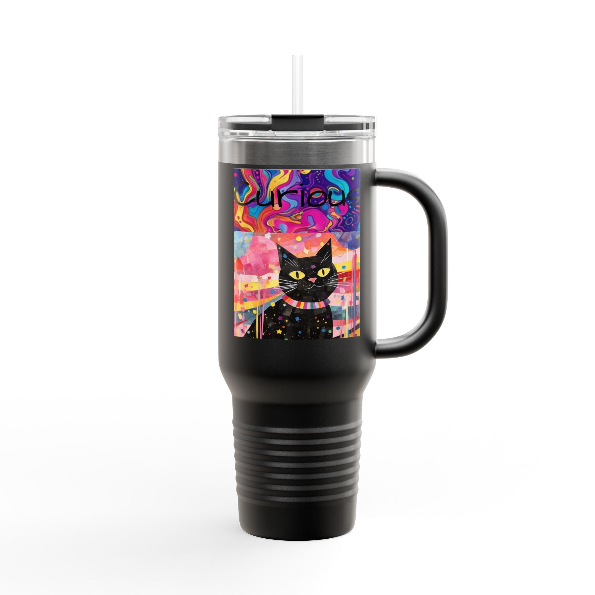Black Cat & Psychedelic Colors Insulated Travel Mug, 40oz Fabulous Gift!