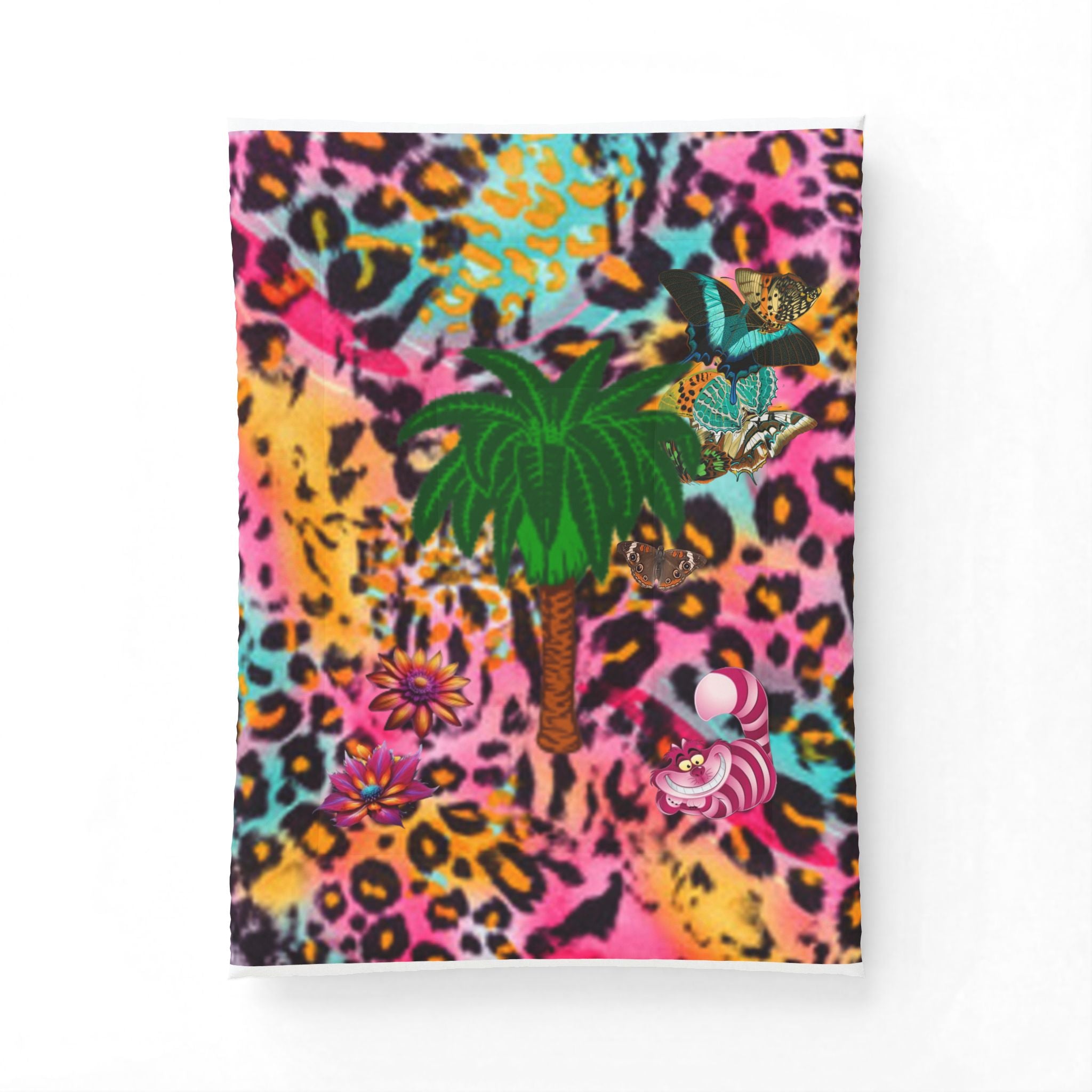 Vibrant Butterfly Palm Tree Chestire Cat Leopard Cotton Comforter — Colorful Boho Floral Throw
