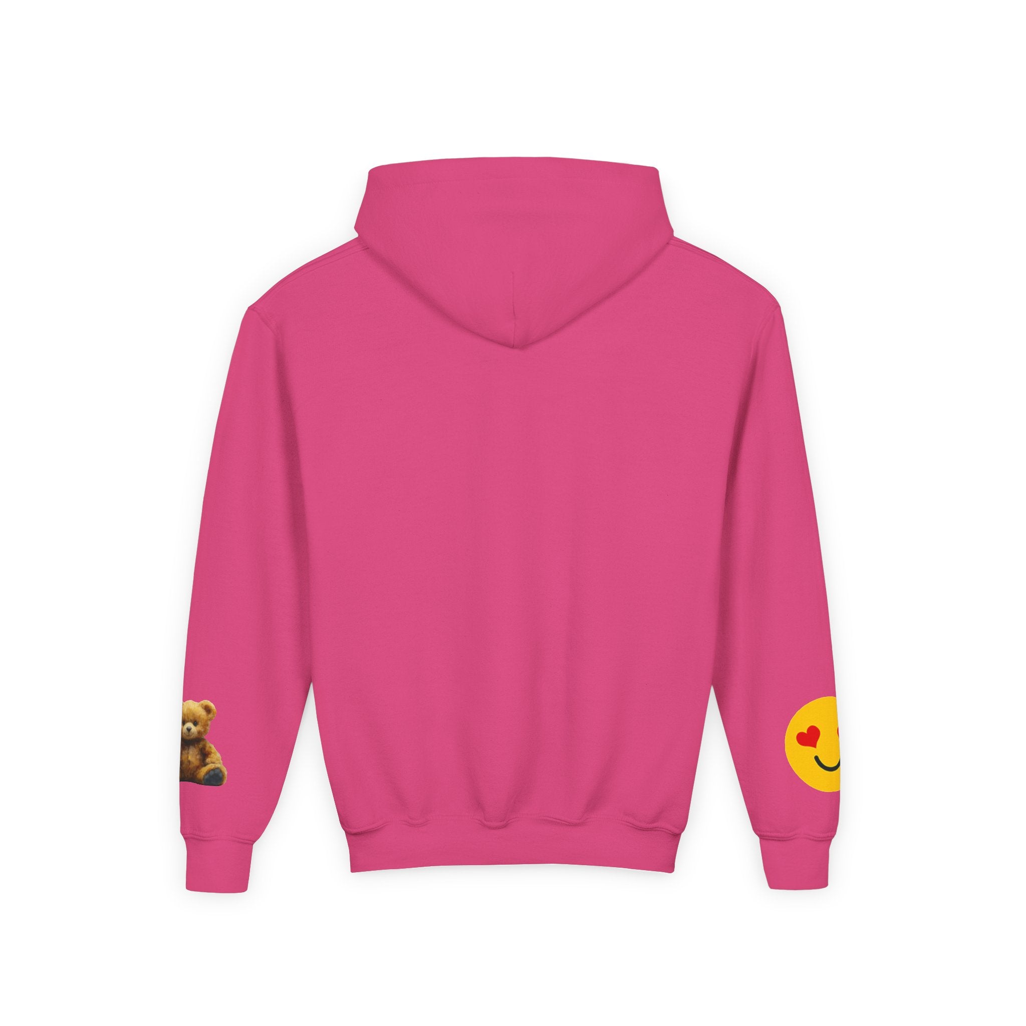 Youth Hoodie with Teddy Bear & Heart-Eyes Emoji Sleeve Accents