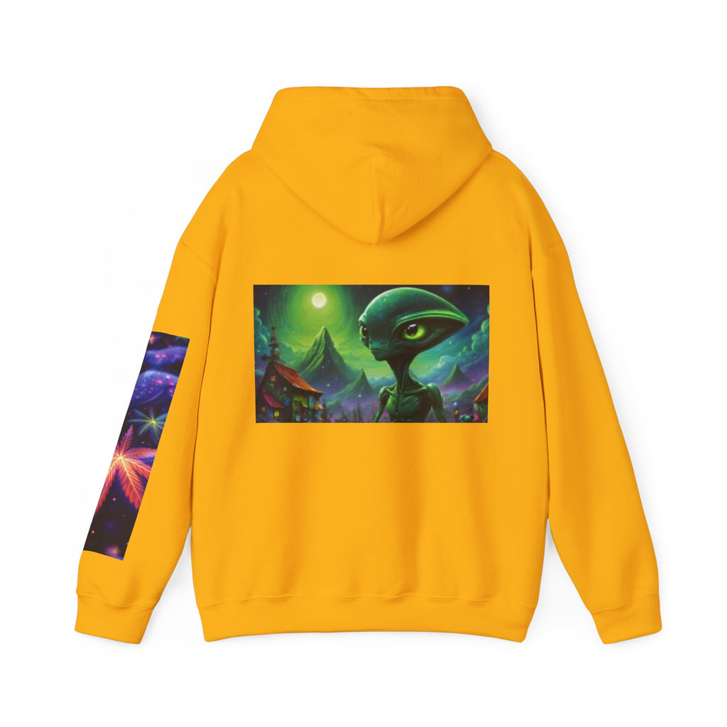Alien Landscape Hoodie — Cosmic Moonscape & Green Alien Graphic Sweatshirt
