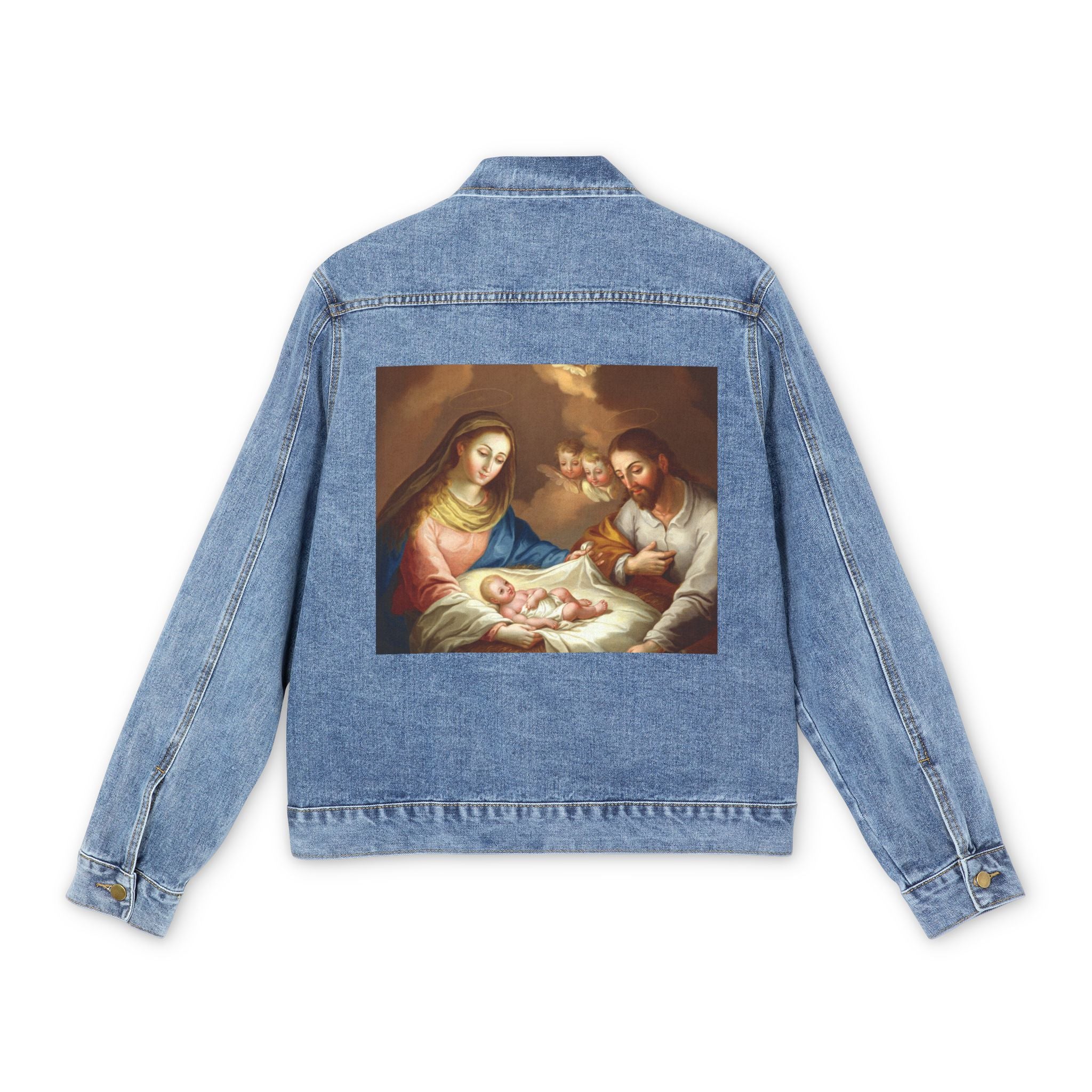 Denim Jacket — Vintage Nativity Birth of Jesus Back Print Christmas Jacket