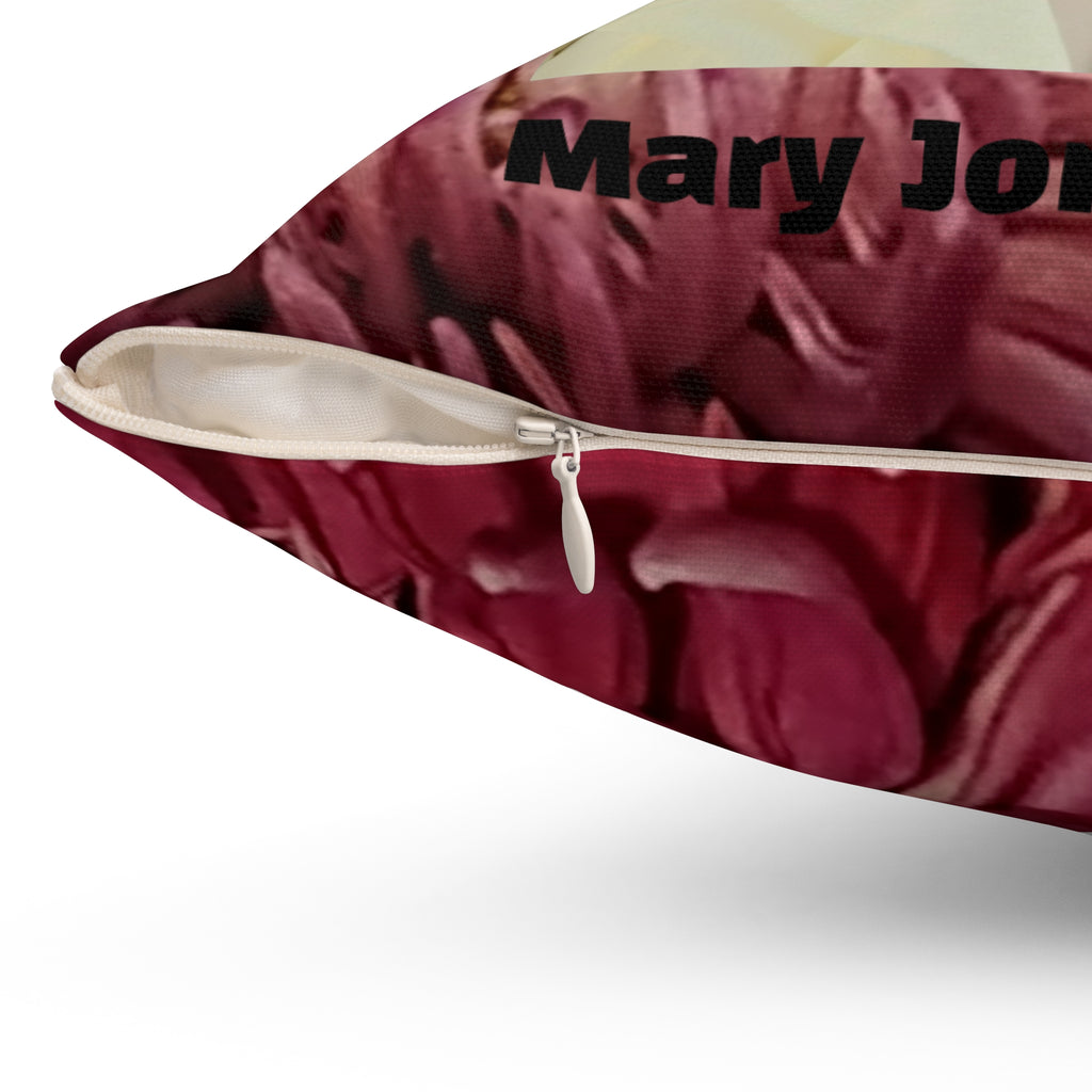 Mary Jordan & Butterfly Floral Throw Pillow — Custom Portrait on Burgundy Chrysanthemum