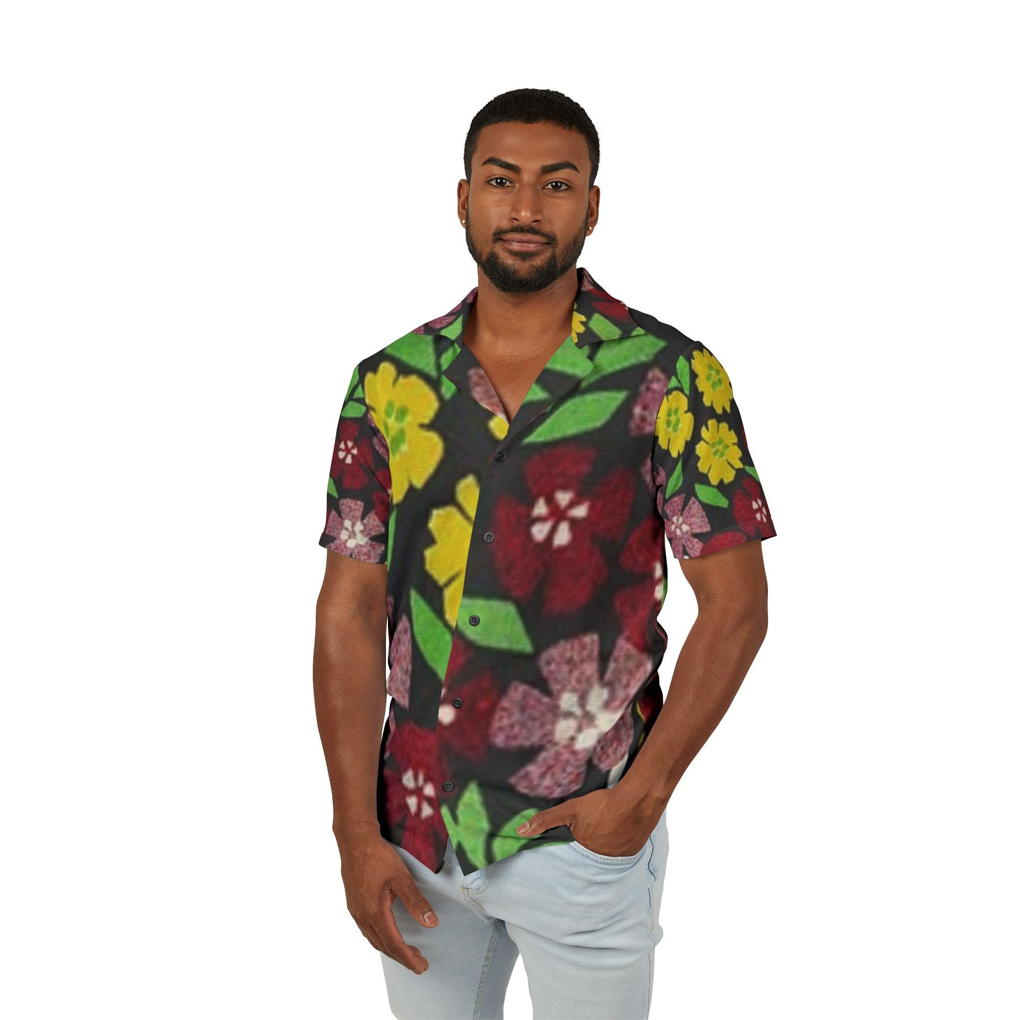 Floral Hawaiian Camp Shirt — Retro Red & Yellow Blossom Aloha