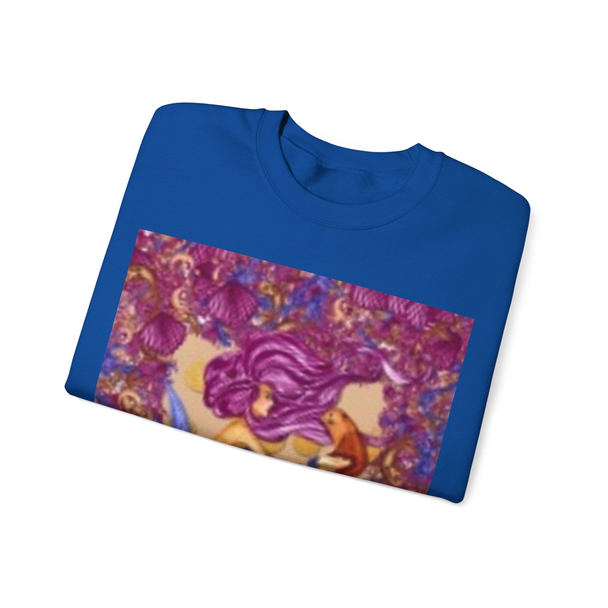 Mermaid & Fox Art Crewneck Sweatshirt — Whimsical Purple Mermaid Illustration