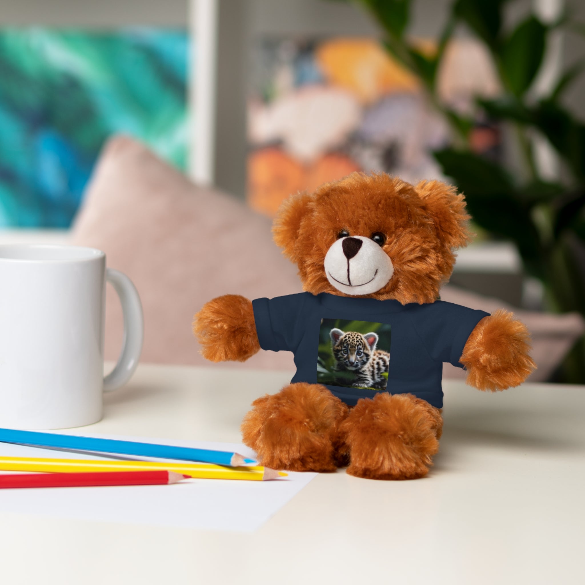 Plush Teddy Bear with Leopard Cub Tee — Cute Animal Gift for Kids & Wildlife Lovers