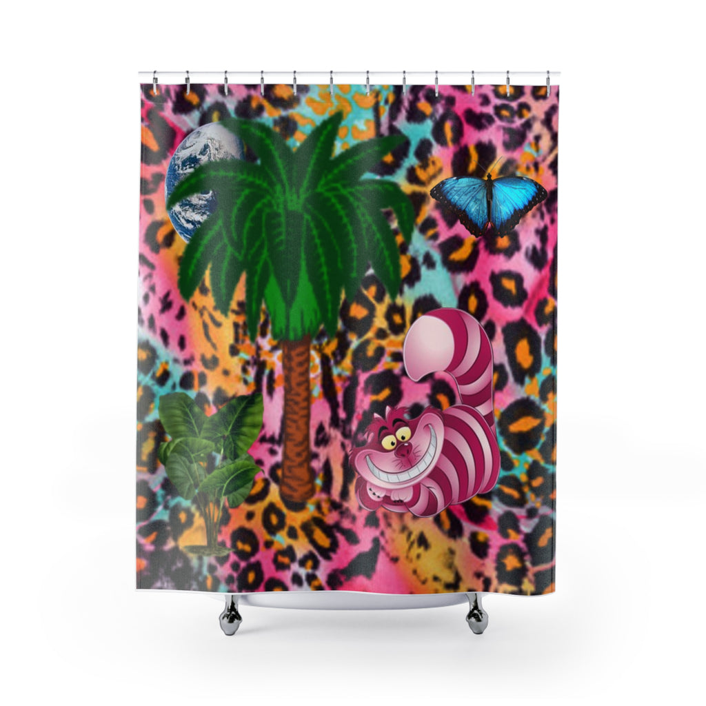 Cheshire Cat Leopard Print Earth  Palm Tree Shower Curtain — Neon Rainbow Animal Bathroom Decor