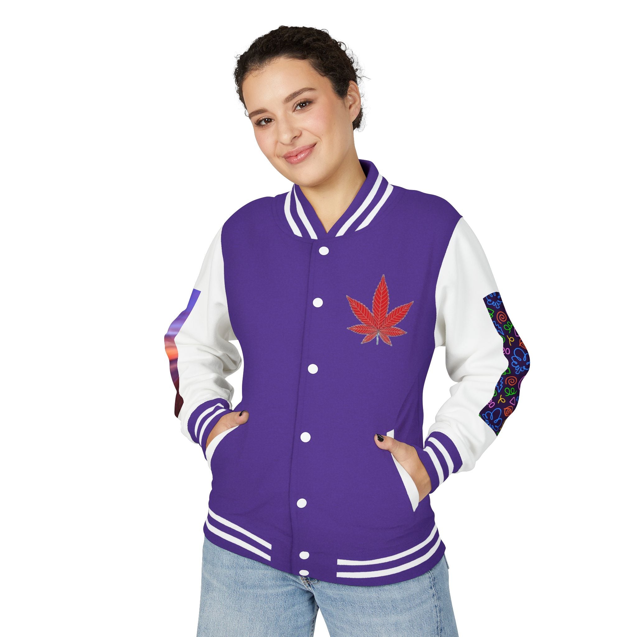 Letterman Jacket — Retro 'All You Need Is Love' Hippie Van & Cannabis Leaf Design