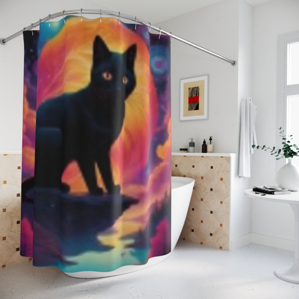 Mystic Black Cat Shower Curtain — Retro Cosmic Moon Bathroom Decor