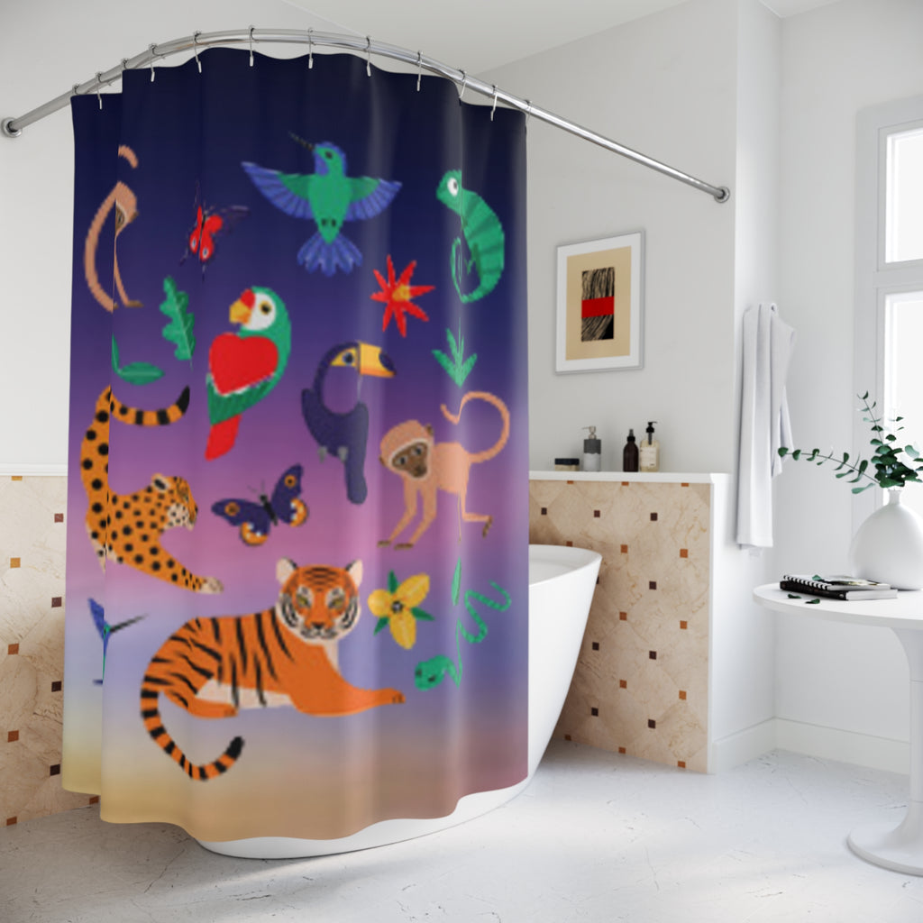 Tropical Jungle Animals Shower Curtain — Colorful Parrot, Tiger & Toucan Bathroom Decor