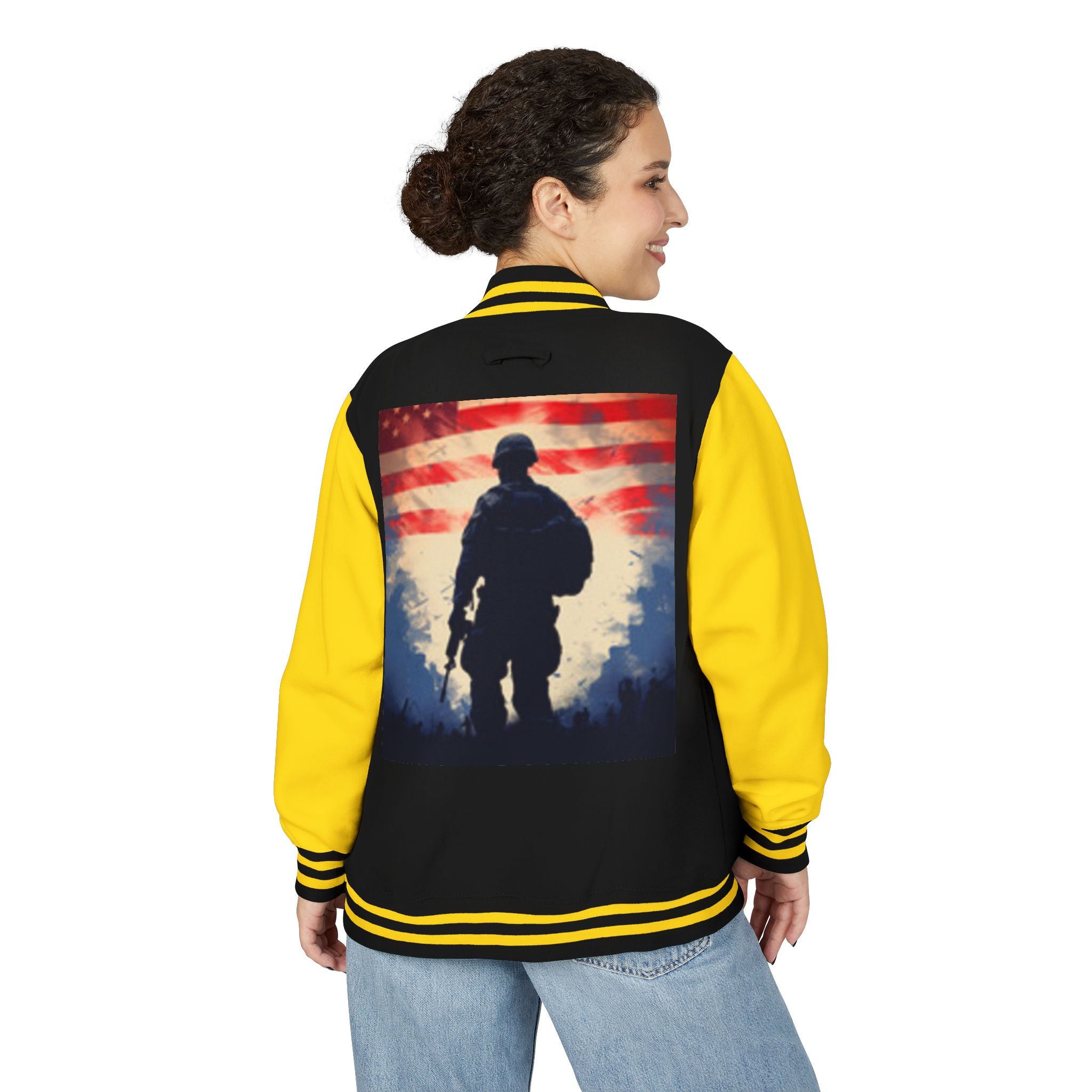 Veteran Tribute Letterman Jacket - American Flag Soldier Graphic