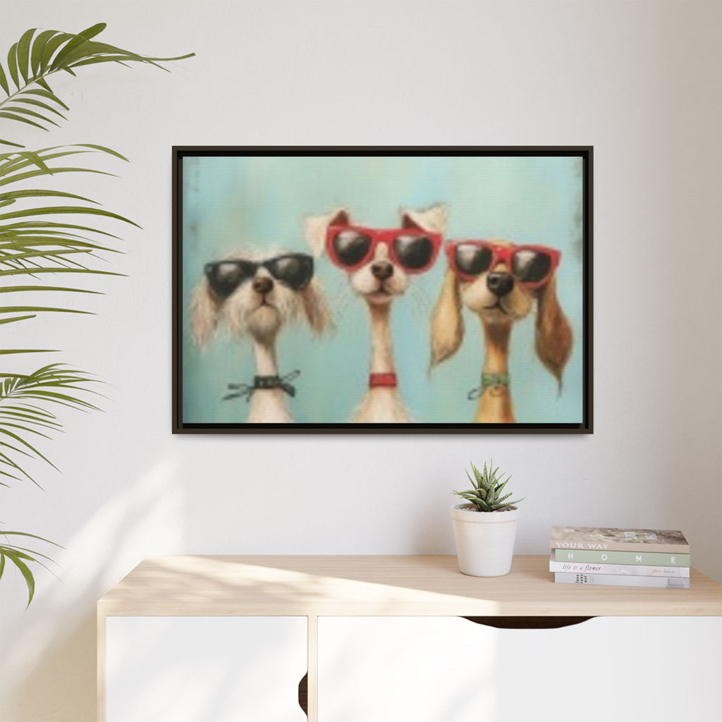 Framed Matte Canvas — Three Cool Dogs in Sunglasses Wall Art