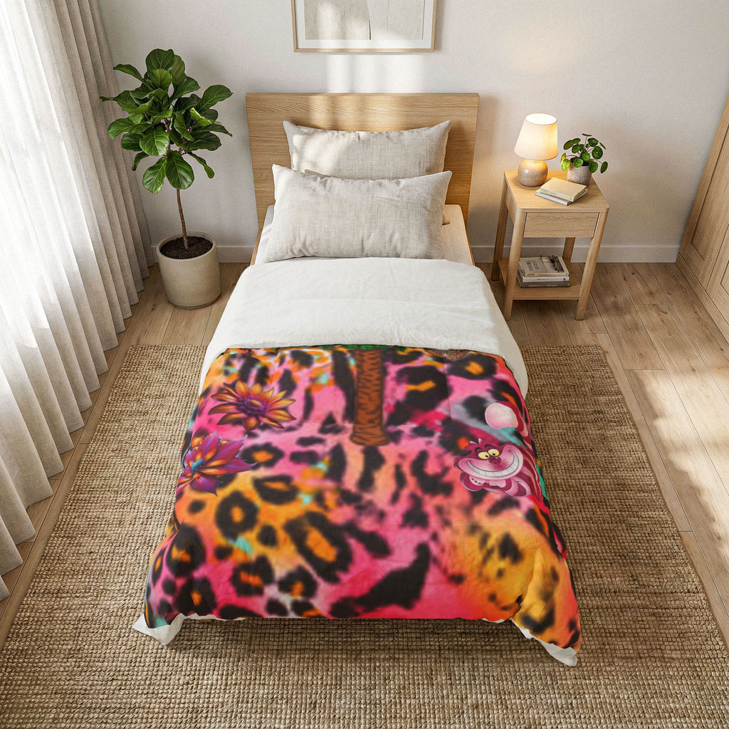 Vibrant Butterfly Palm Tree Chestire Cat Leopard Cotton Comforter — Colorful Boho Floral Throw