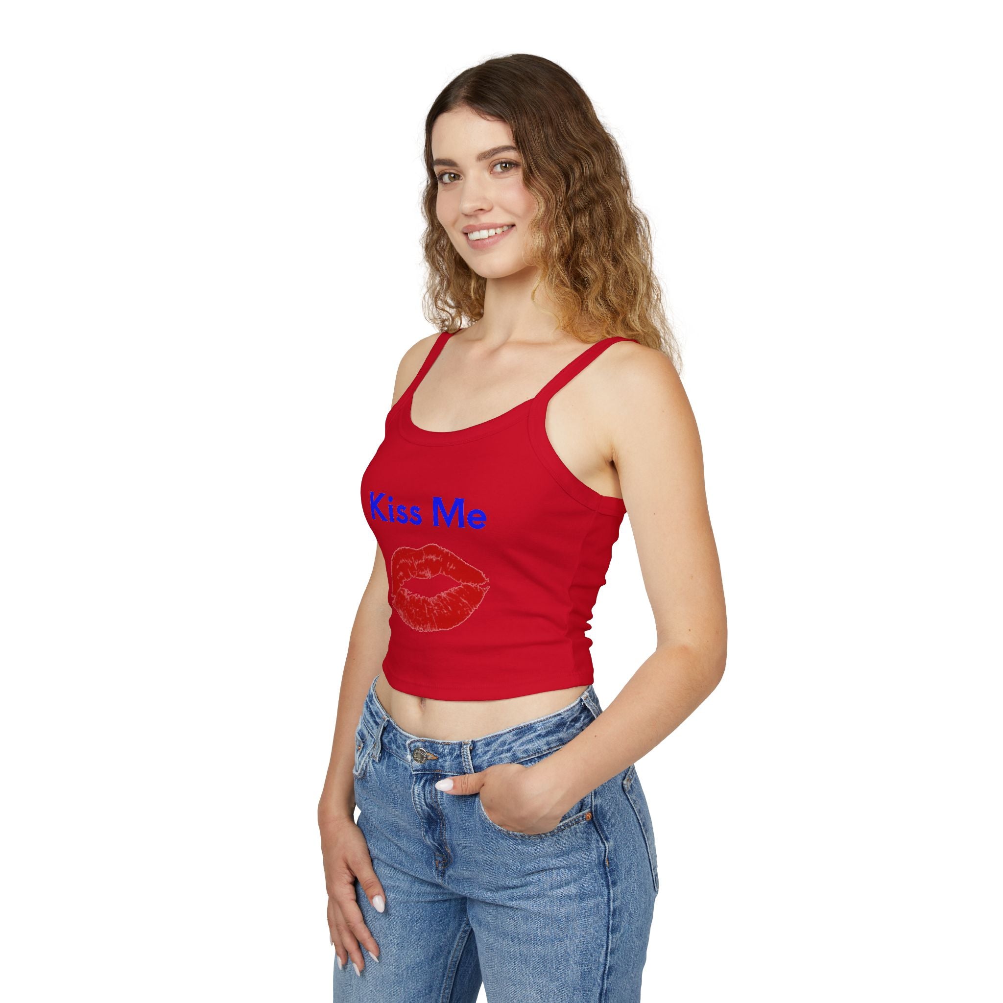 Kiss Me Lip Print Tank Top — Women's Spaghetti Strap Crop