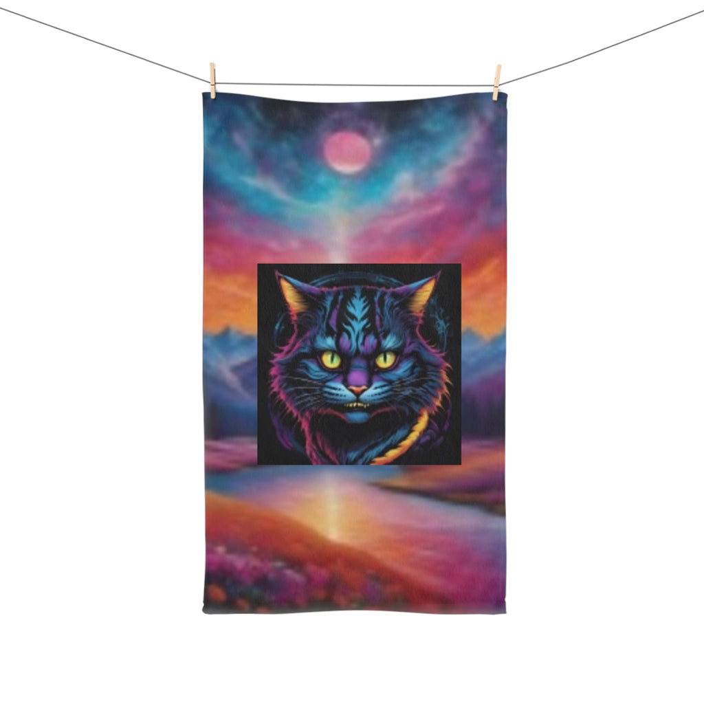 Psychedelic Cat Hand Towel – Neon Galaxy Kitty Beach Sunset Design