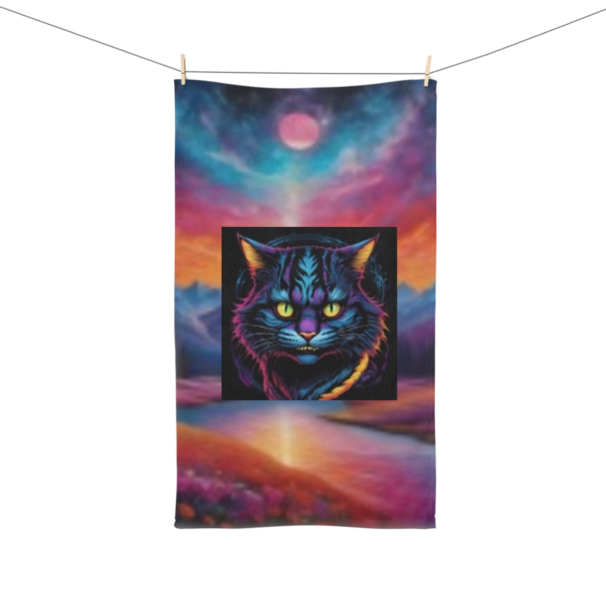 Psychedelic Cat Hand Towel – Neon Galaxy Kitty Beach Sunset Design