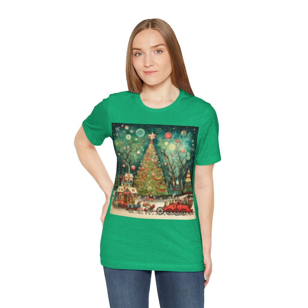 Christmas Tree Vintage Scene Tee — Holiday Village Carriage Design