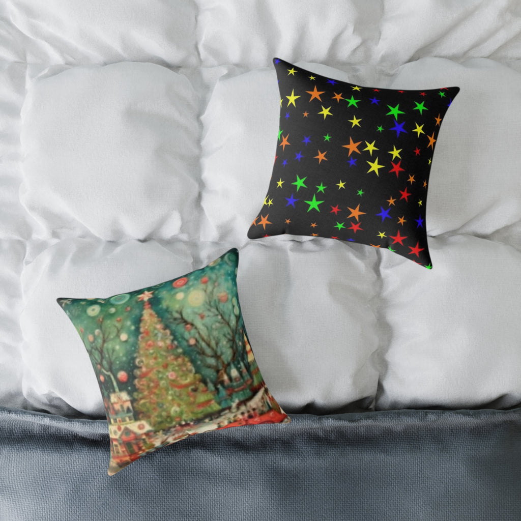 Christmas Tree Village Square Pillow — Festive Holiday Throw with Colorful Stars