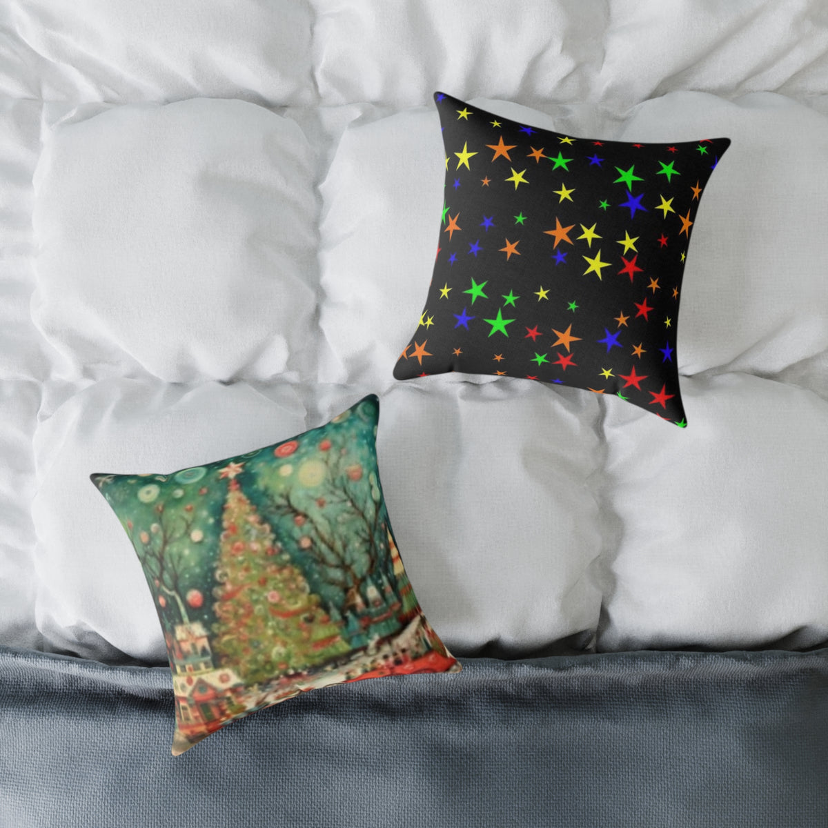 Christmas Tree Village Square Pillow — Festive Holiday Throw with Colorful Stars