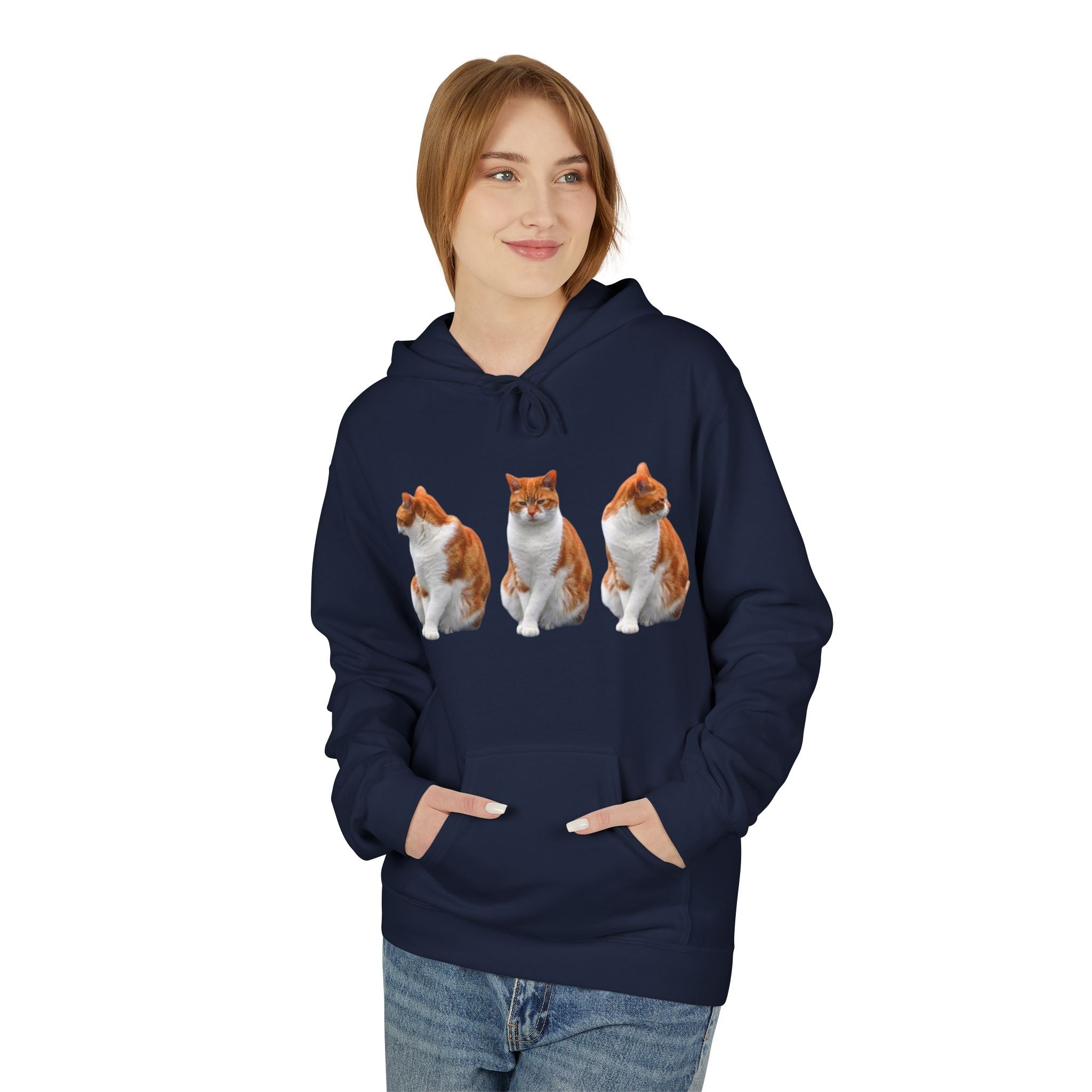 Women's Cute Cat Trio Hoodie – Whimsical Orange & Black Cat Graphic Pullover