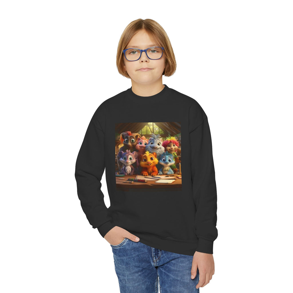 Youth Crewneck Sweatshirt — Colorful Cartoon Kittens Group Graphic