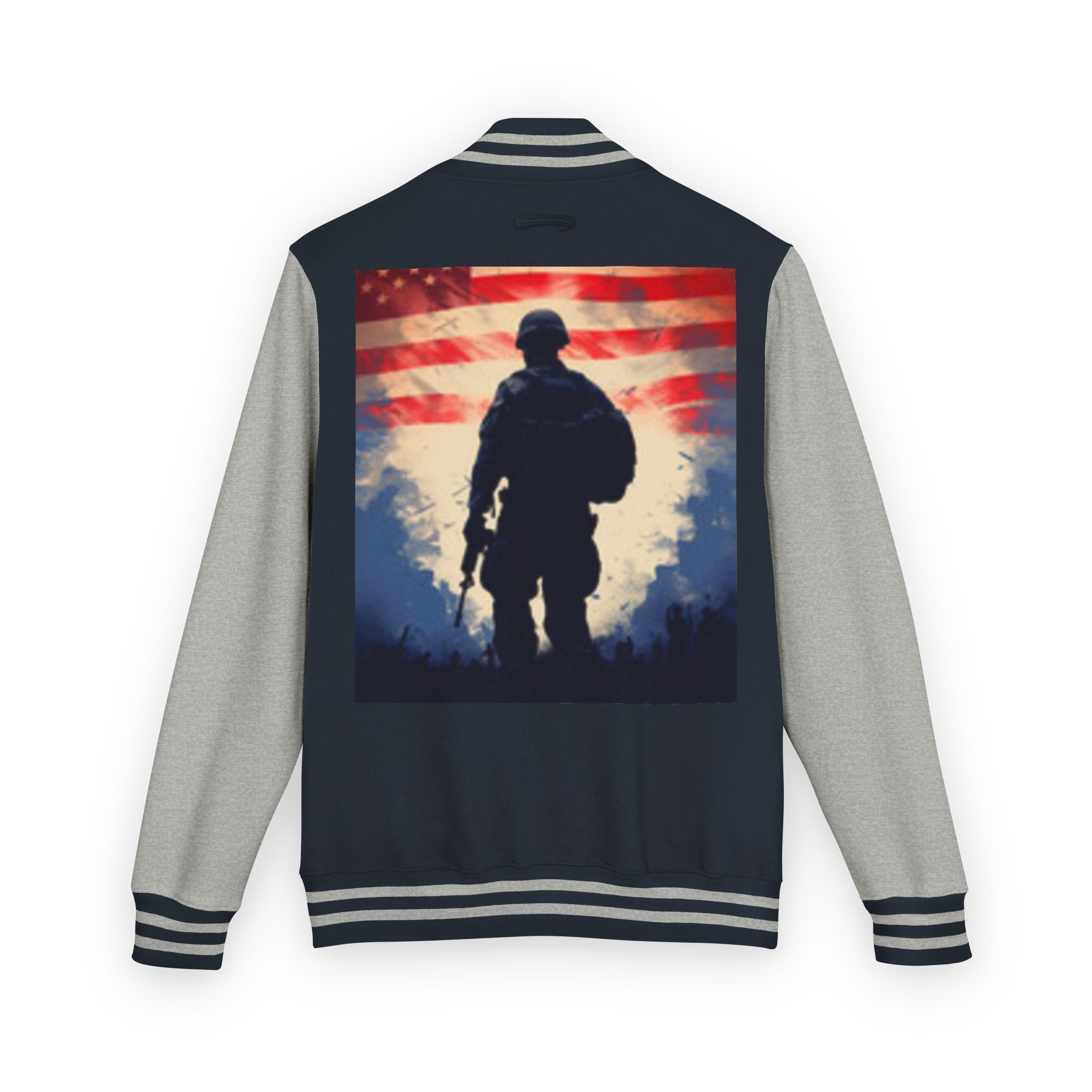 Veteran Tribute Letterman Jacket - American Flag Soldier Graphic